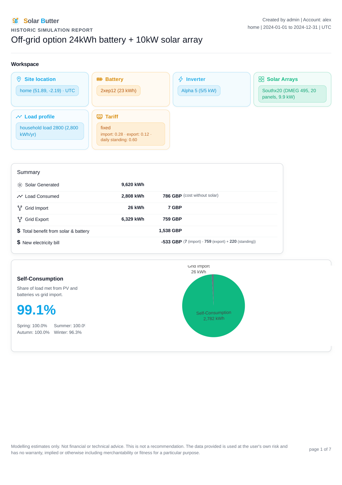 Scenario 1 report page 1 showing the 24 kWh battery option with a 10 kW solar array.