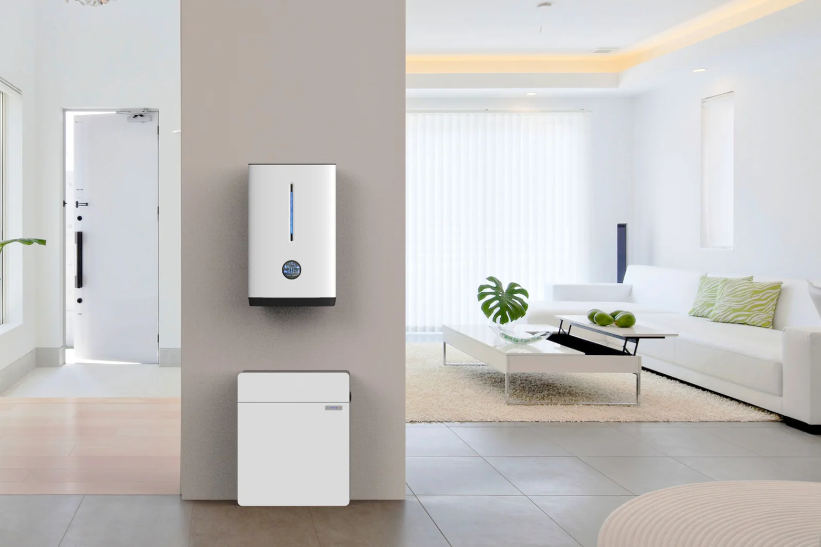 Wall-mounted home battery energy storage system.