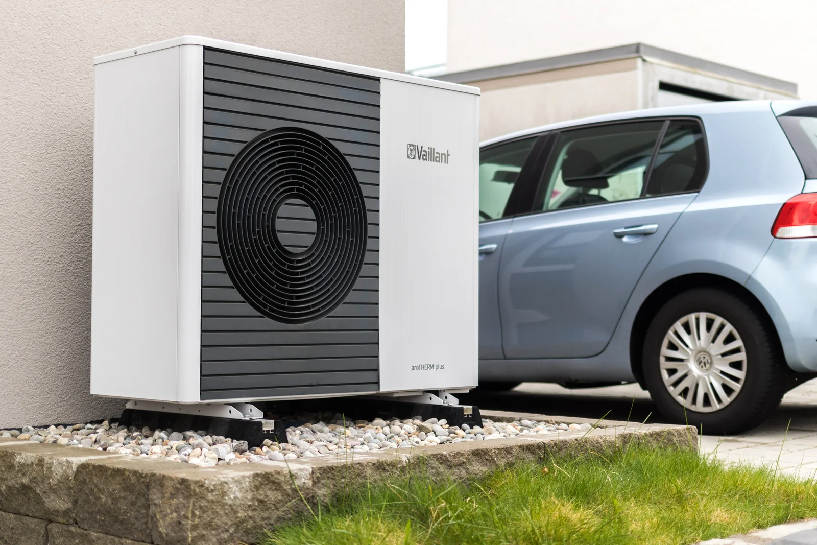 External unit of an air source heat pump for building heating and hot water.